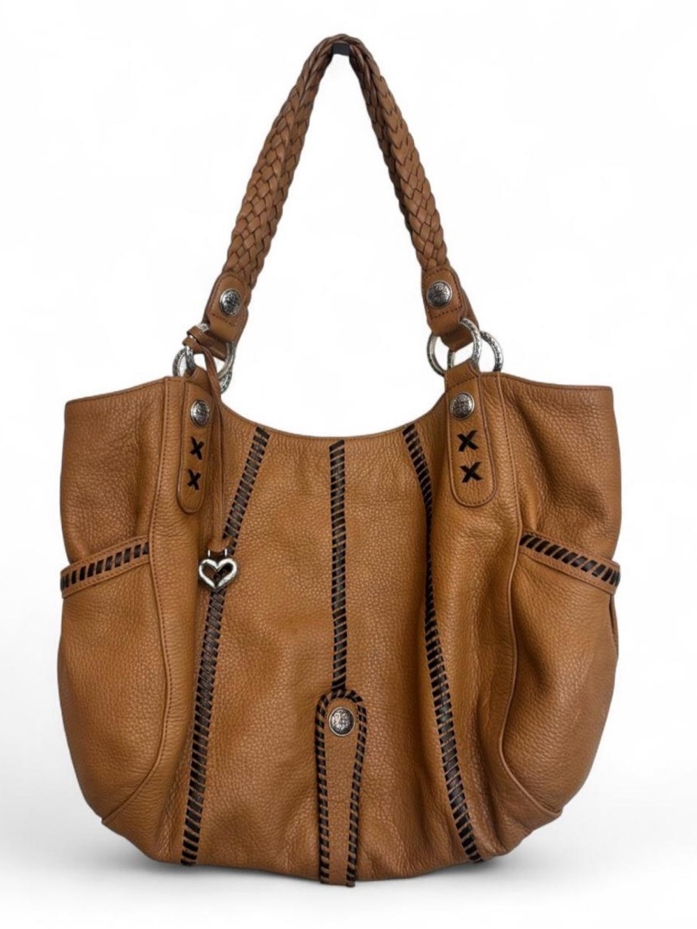 Brighton Mesa Brown/Tan Pebbled Leather Large Hobo Shoulder Bag Western Boho